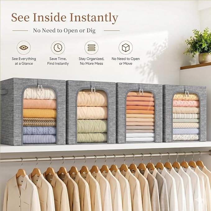 GoMaihe Clothes Storage Bin with Metal Frame: 6-Pack Stackable Closet Storage Bin with Lid & Clear Window, Sweater Boxes Storage for Closet Bedding Clothing Storage Organizer 40L - Image 7