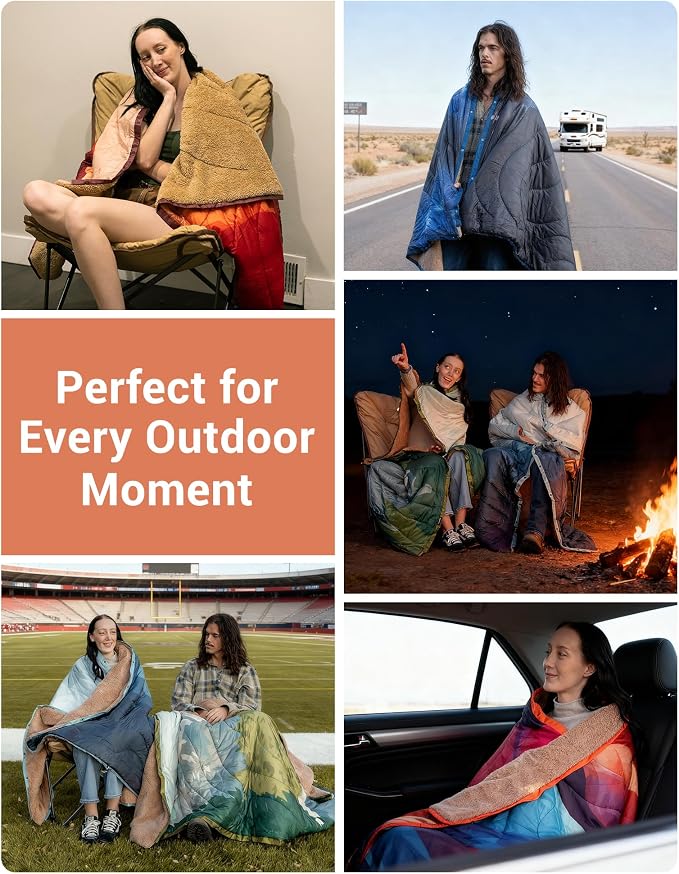 KingCamp Large Camping Blanket with Sherpa Lining, Packable Down Alternative Puffy Printed Wearable Blanket with Snap Buttons, Warm Weatherproof Quilt for Outdoor Travel (79" L x 57" W, Orange) - Image 7