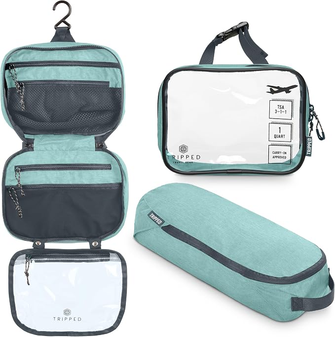 Toiletry Bag Kit 3 Piece Set: Hanging Travel Toiletry Bag + 311 TSA Cosmetic Liquid Bag + Accessory Organizer Pouch by TRIPPEDTravelGear