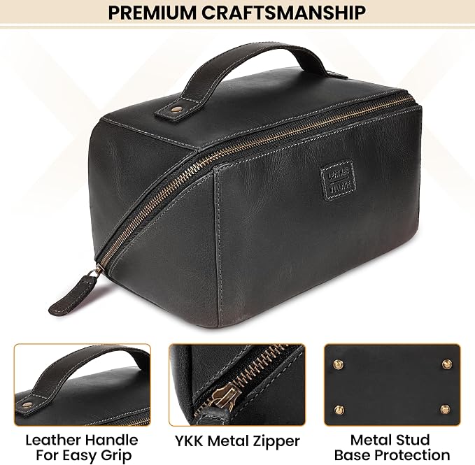 LEATHER VILLAGE Genuine Leather Travel Dopp Kit for Men & Women – Open Flat Large Capacity Cosmetic Bag with Water-Resistant Lining – Skin Care, Brushes, Shaving & Bathroom Essentials Organizer- Black - Image 2