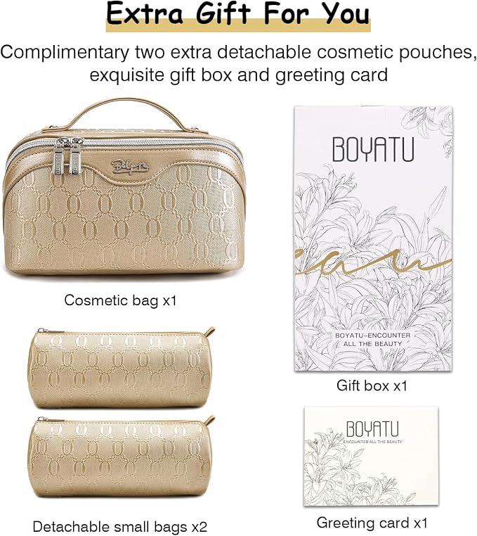 BOYATU Travel Makeup Bag for Women: Cosmetic Organizer Bag with Compartments - Leather Make up Bags Set of 3 (G-5-Gold Yellow) - Image 5