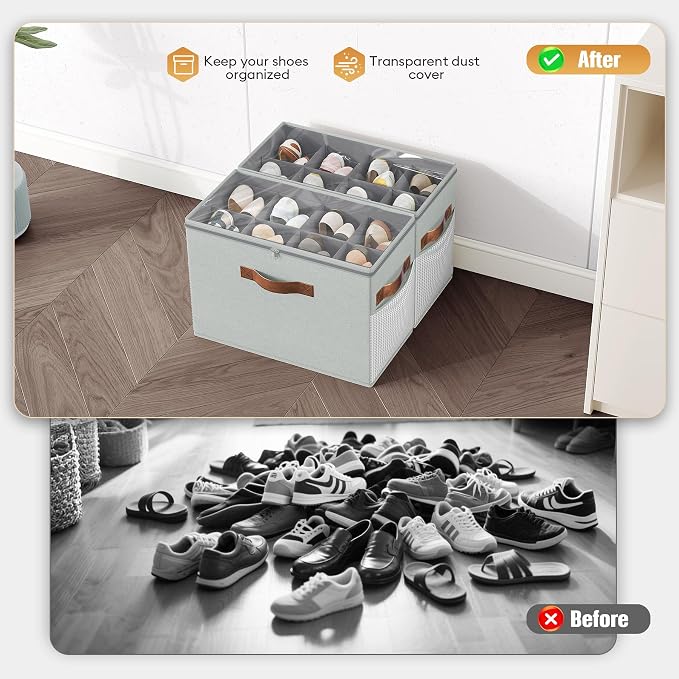 2 Pack Shoe Organizer for Closet, Foldable Shoe Storage with Adjustable | Farbic shoe storage organizer box bin with clear cover, fits up to 16 pairs, shoe storage box for closet, entryway, gray - Image 2