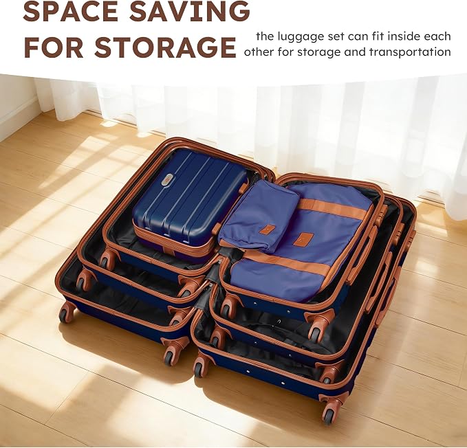 Suitour Luggage Sets 6 Piece, 20-inch Carry-on and 24 inch 28 inch Checked Suitcase Set with Cosmetic Case and Expandable Travel Duffle Bags Set(Navy Brown) - Image 8