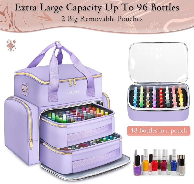 YOREPEK XL Nail Polish Organizer Holds 96 to 100+ Bottles, Lavender Purple | Gel x Nail kit Bag with 2 Removable Pouches Fits Nail Suppiles, UV lamp, Gifts for Manicurist, Women - Image 4