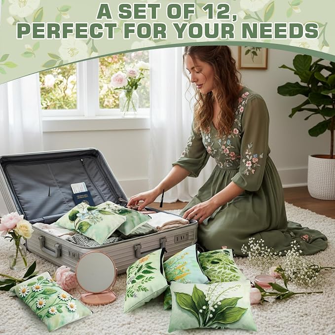 Sweetude 12 Pcs Green Flower Makeup Bags Bulk Green Plants Portable Travel Cosmetic Bags with Zipper Floral Waterproof Roomy Travel Toiletry Organizer Storage Beauty Pouch for Women Gifts - Image 5