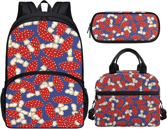 Blue Mushroom Backpack Set for Girls Kids Lightweight Cute School Backpack with Lunch Box Pencil Case Adjustable Strap Padded Book Bag Insulated Lunch Bag - Image 2