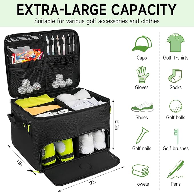 Golf Trunk Organizer, 2 Layers Golf Accessories Bag for Men, Waterproof Car Golf Storage Organizer with Compartment for 2 Pairs of Shoes, Golf Gifts for Men Women, Black - Image 6