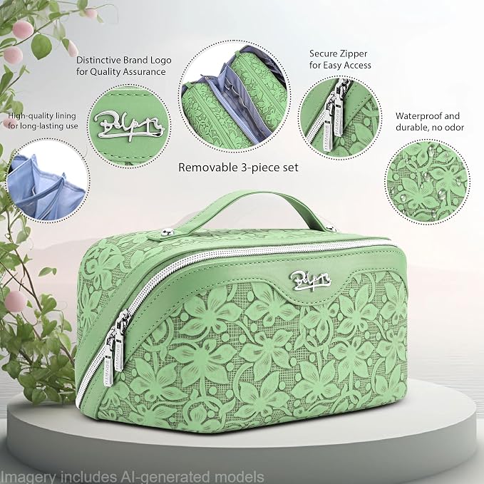BOYATU Travel Makeup Bag Cosmetic Bags for Women: Large Capacity 3 Pcs Set Make up Bag with Compartments - Waterproof Vegan Leather Toiletry Organizer Bags with Handle (Z-65Light Green) - Image 2