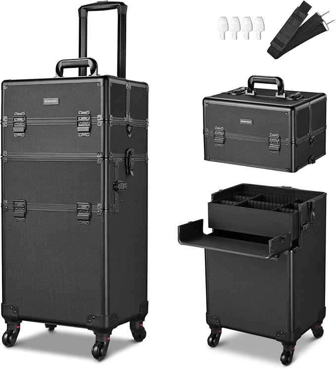 Pro Makeup Rolling Beauty Cosmetic Customizable Train Case Storage Compartment with Wheels and Telescoping Handle and Strap (Black) - Image 7