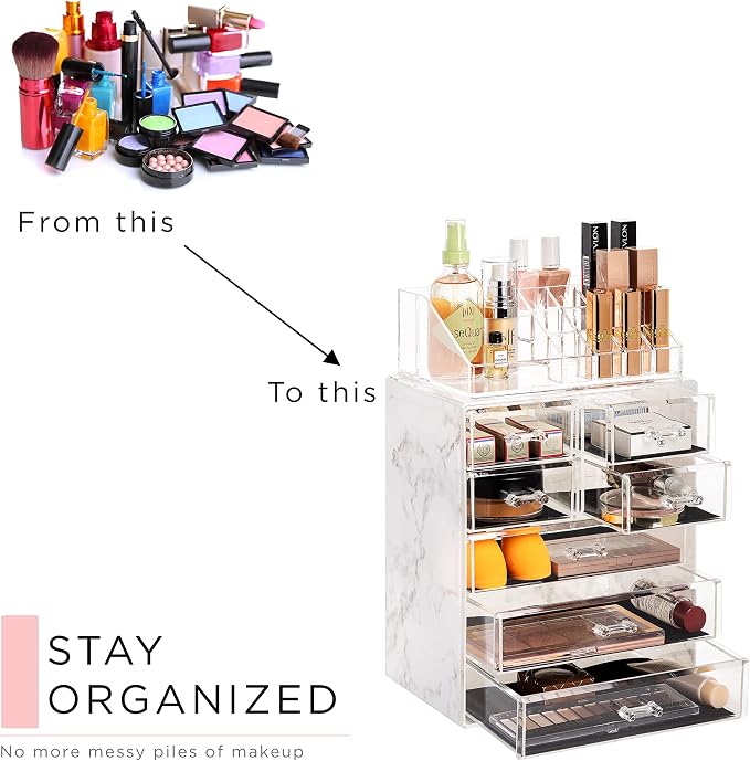 Sorbus Acrylic Makeup Organizer Set, 7-Drawer Vanity & Countertop Cosmetic Storage with Small & Wide Compartments, Marble Print Makeup Storage for Brushes, Jewelry – Holiday Gift for Women & Teens - Image 7