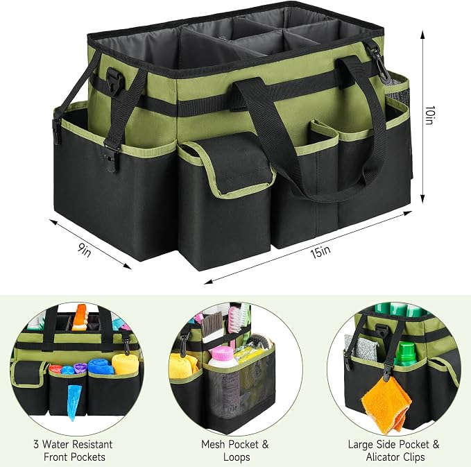 Cleaning Caddy,Large Cleaning Bags for Housekeepers,Cleaning Supplies Organizer with Handle,Green - Image 4