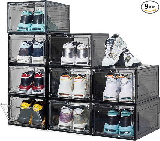 ZLLZUU Stackable Shoe Storage Boxes 9 Pack X-Large Black Sneaker Organizer | Fits up to Men's Size 12 High-top Sneakers, Clear Visible Magnetic Door, Quick Aceess, Durable and Sturdy, Easy to Assemble by ZLLZUU