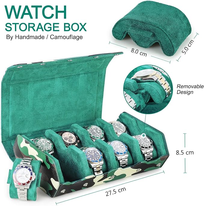 Hiram Genuine Leather Hexagon Watch Roll Travel Case, Military Camouflage Leather 8-Watches Roll Case with Removable Pillow Cushion for Treasured Watches and Bracelets-Camouflage Green - Image 2