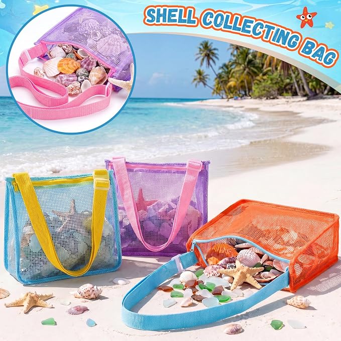 Frienda 3 Pcs Mesh Beach Bag Beach Seashell Bag Shell Collecting Sand Toy Totes Colorful Swimming Accessories Storage Pouch with Adjustable Carrying Straps for Men and Women (Colors F) - Image 3
