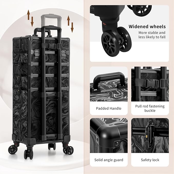 Rolling Makeup Train Case with Lid Cosmetology Case on Wheels | 5 in 1 Large Cosmetic Trolley Organizer Travel for Hairstylist Artist Nail Beauty Salon Barber Cart Trunk, Black Ink - Image 6