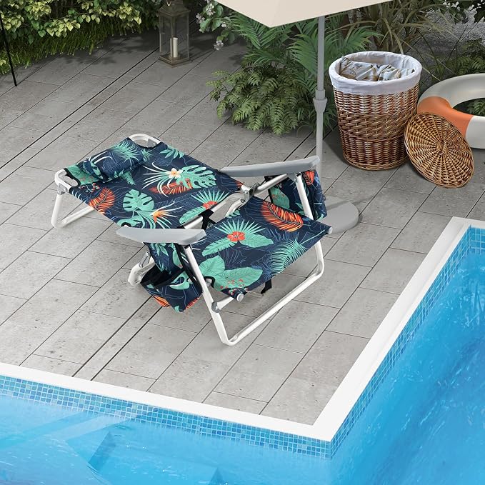 Giantex Folding Beach Chair, Patio Sling Chairs with 5 Adjustable Position, Head Pillow, Storage Bag, Towel Bar, Cup Holders, Backpack Chairs for Sunbathing, Camping Chair - Image 4