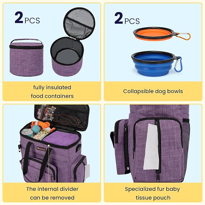 Modoker Dog Travel Organizer Carriers for Supplies & Accessories, Airline Approved Cat Pet Travel Bag, 2 Collapsible Bowls, 2 Travel Dog Food Container, Purple | Dog travel accessories set with feeding supplies, bowls, mat, and strap. Ideal for weekend... - Image 3