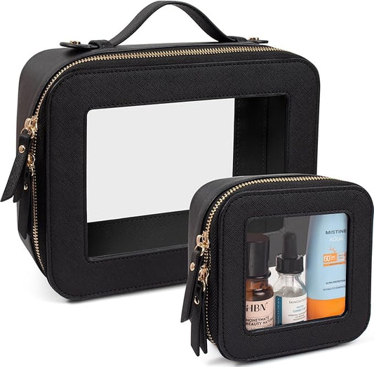 LETGO 2 Pack Clear Travel Toiletry Bag for Women,Large & Mini Waterproof PU TSA Approved Cosmetic Pouches,Portable Beach Vacation Makeup Organizer Set,See Through Skincare Sunscreen Bags for Women by LETGO