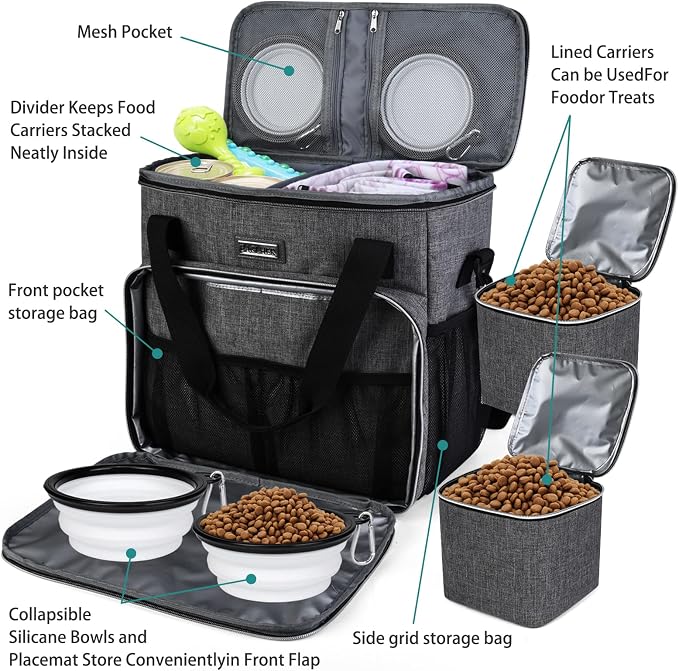 BAGLHER Dog Travel Bag, Pet Travel Bag (ALL Pet Travel Supplies), With 2 Pet Food Containers and 2 Collapsible Silicone Bowls; Essential Kits for Pet Travel Grey - Image 5