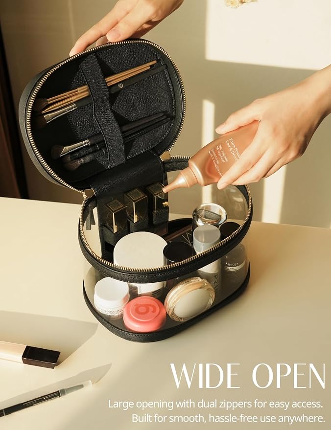 Popvibe Travel Makeup Bag Clear Compact Make Up Vanity Case with Brush Storage and Top Handle, Toiletry Makeup Case Traveling Leather Cosmetic Bag, Portable Medium Large Sized Train Case, Black - Image 3