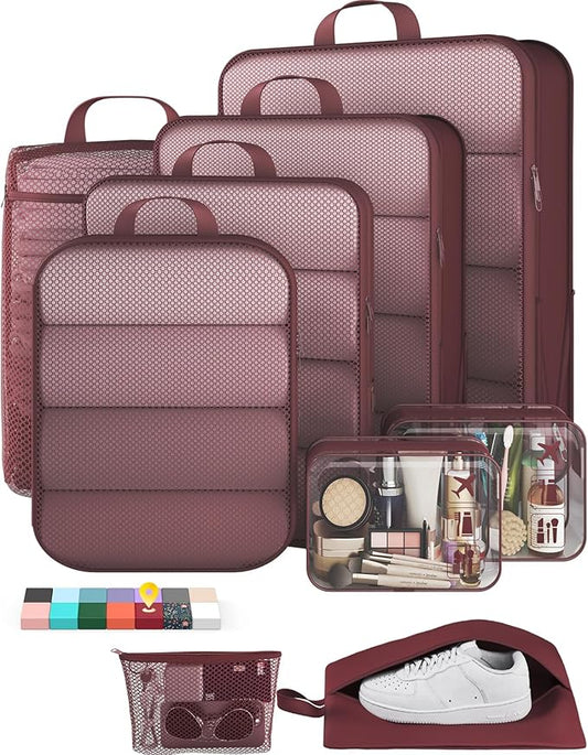 Veken 9/11 Set Compression Packing Cubes for Travel Essentials,Compressible Expandable Luggage Suitcase Organizer Bags with Garment Bag,Space Saver Bags with Over 1000 pcs of Mesh Holes(Wine Red) by Veken