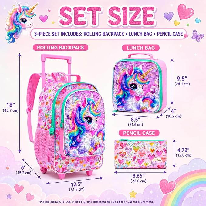 AGSDON 3PCS Rolling Backpack for Girls Boys, Kids Roller Wheels Bookbag, Wheeled School Bag with Lunch Bag - Image 5