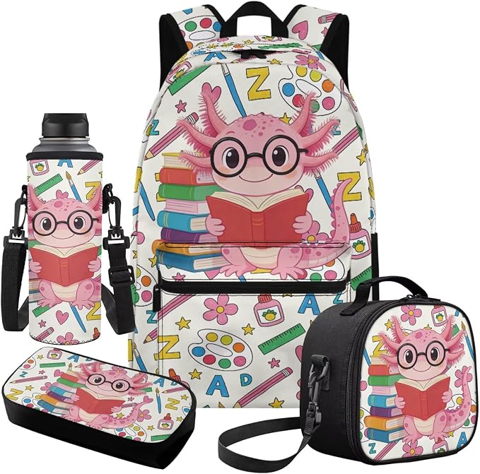 4Pcs Learning Axolotl Backpacks for School Girls Book Cute Backpack and Lunch Box Set Elementary Preschool Kids School Bag with Lunch Box Pencil Case Water Bottle Holder 8-12 - Image 2