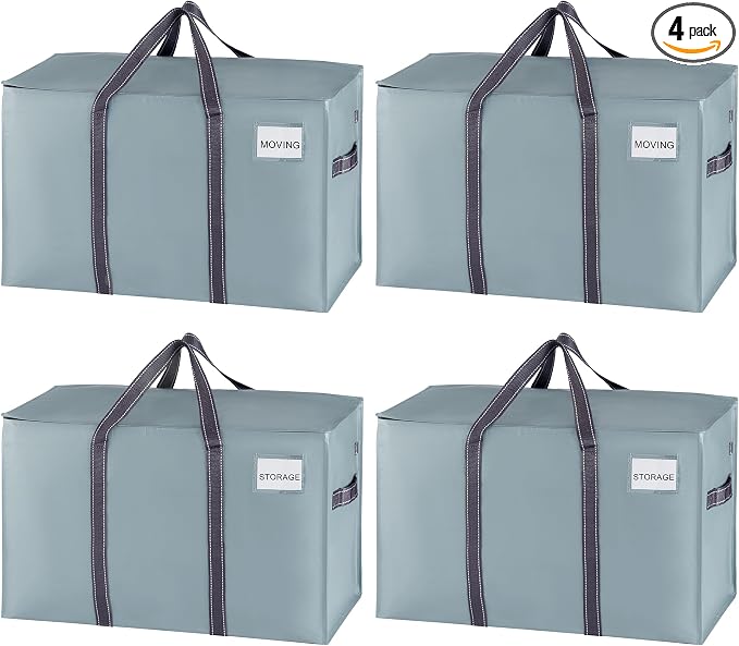 VENO 4 Pack Heavy Duty Moving Bags, Extra Large Storage Bags with Reinforced Handles & Strong Zippers, Foldable & Reusable Moving Box Alternative for Clothes & Dorm Storage by Veno
