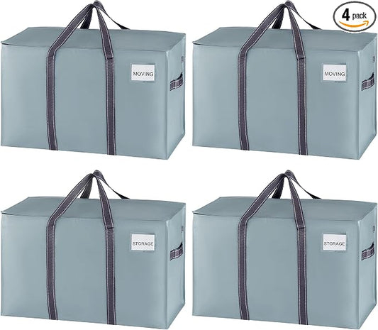 VENO 4 Pack Heavy Duty Moving Bags, Extra Large Storage Bags with Reinforced Handles & Strong Zippers, Foldable & Reusable Moving Box Alternative for Clothes & Dorm Storage by Veno