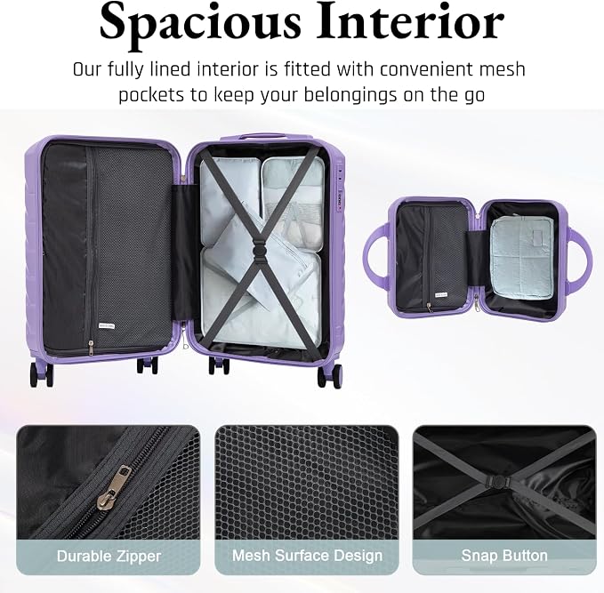 2-Piece ABS Hard Shell Lightweight Carry-On Luggage Set (14" & 20"), 360-Degree Spinner Wheels, Adjustable Telescopic Handle and Combination Lock for Travel, Purple - Image 2
