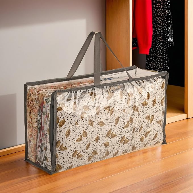 Kuber Industries Waterproof Storage Bags for Clothes | Wardrobe Organizer | Transparent Travel Organizer Bag with Handle | Large | Grey by Kuber+Industries