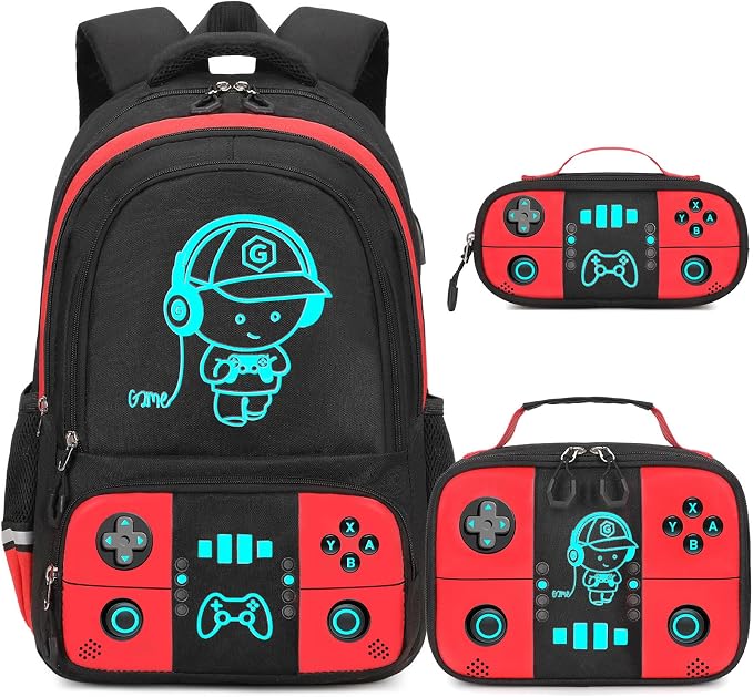 Bevalsa Backpack for School Boys, Cool Luminous Gamer Boys Schoolbag with Lunch Box & Pencil Case Set for Kids Teens Elementary Middle School, Bookbag Glow In The Dark(Red Backpack) by Bevalsa