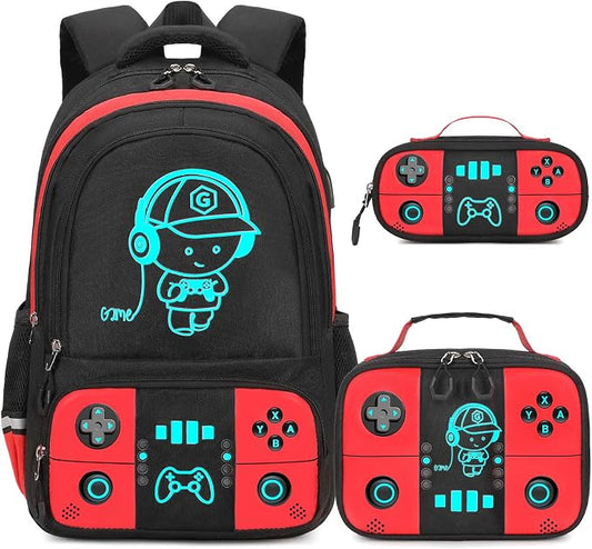 Bevalsa Backpack for School Boys, Cool Luminous Gamer Boys Schoolbag with Lunch Box & Pencil Case Set for Kids Teens Elementary Middle School, Bookbag Glow In The Dark(Red Backpack) by Bevalsa