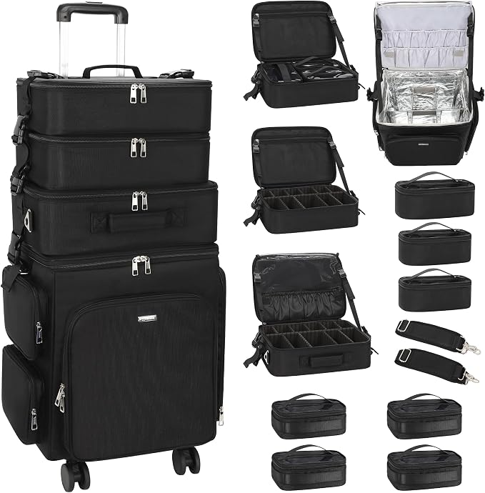 Relavel Rolling Makeup Case, 4 in 1 Hairstylist Traveling Bag Cosmetology Case on Wheels Large Hair Tools Cosmetics Train Case Makeup Artist Organizer (black with 4 additional small bags, Extra Large) by Relavel