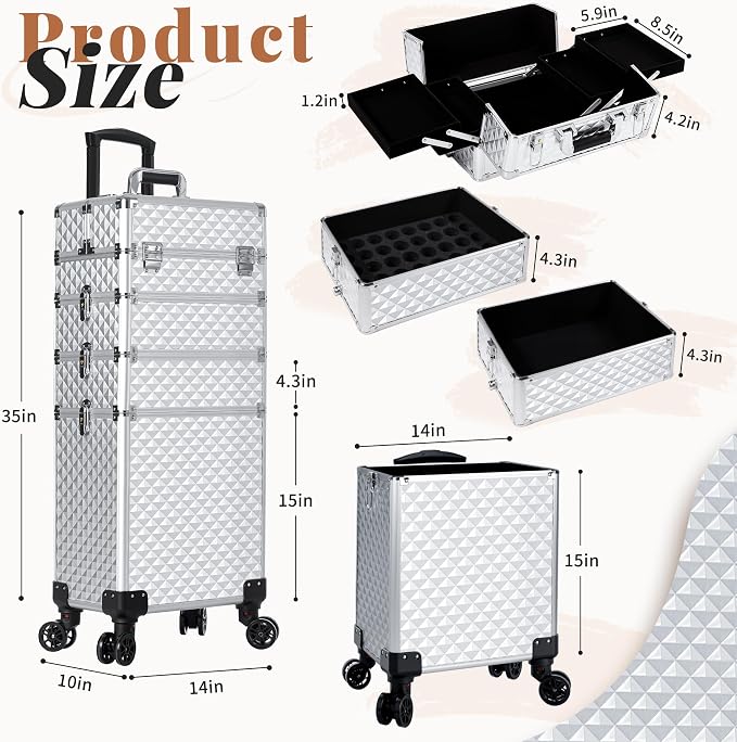 AROUS Rolling Makeup Train Case 4 in 1 Cosmetology Case on Wheels Large Storage Cosmetic Trolley with Key Salon Barber Case Traveling Cart Trunk, Silver - Image 3