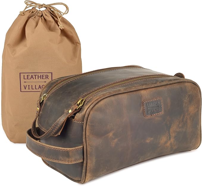 LEATHER VILLAGE Genuine Leather Toiletry Travel Bag With Waterproof Lining - Brown | King-Size Handcrafted Vintage Dopp Kit Bag, Shaving & Bathroom Organizer, Gift for Men & Women - Image 5