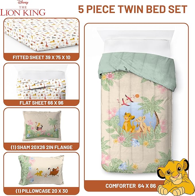 Disney Lion King Simba Twin Comforter Set 5 Piece Kids Bedding, Multi | Safari Animal, Comforter Sheets Sham Pillowcase, Official Brand, Soft Microfiber, Machine Washable, Easy Care, Kids Gift - Image 3