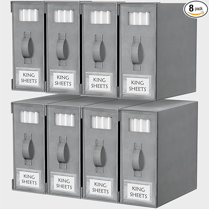 Criusia Bed Sheet Organizers and Storage, 8 Pack Foldable Linen Closet Organizer Box – Bedding Holder for Sheet Set (King/Queen Sizes), Duvet Covers, Blankets (Grey) by Criusia