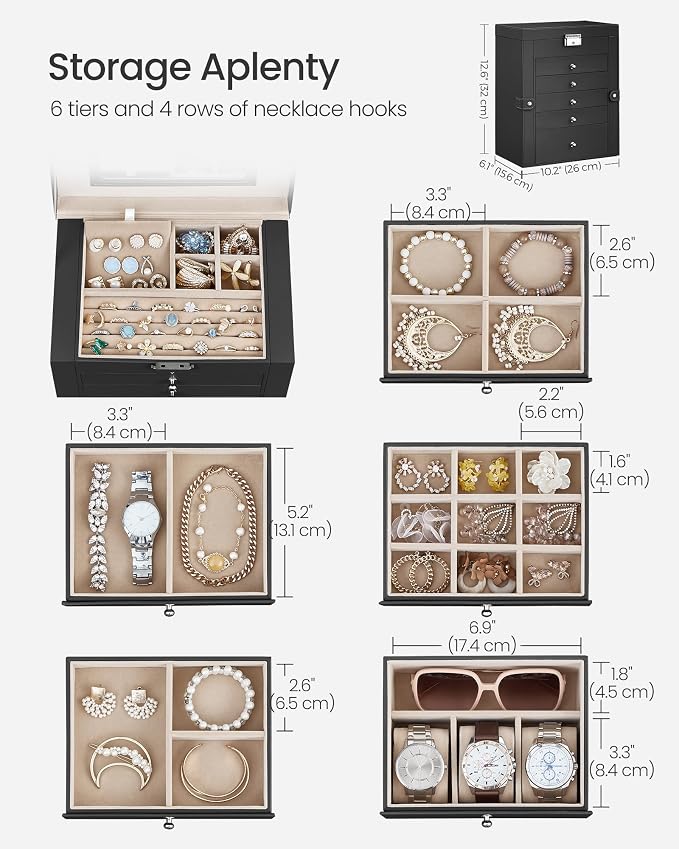 SONGMICS Jewelry Box Organizer, 6-Layer with 5 Drawers, Black | Jewelry Storage Case with Lock and Mirror, Large Storage Capacity, for Necklaces, Watches, Gift for Loved Ones UJBC152B01 - Image 3