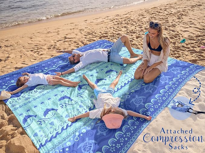 WEKAPO Beach Blanket Waterproof Sandproof Oversized Extra Large Sand Free Beach Mat with Stakes, Storage Bag - Essentials for Outdoor Beach, Picnic (Bohemian Sealife, 8 X 7 FT (1~4 Person)) - Image 2
