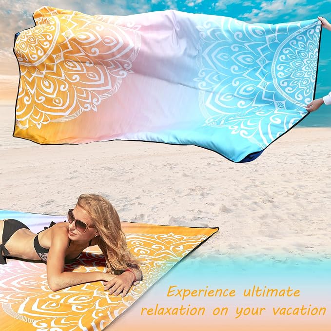 Beach Blanket Sandproof Extra Large Beach Mat Adults Waterproof Quick Drying Sand Free Mat Made by Premium Polyester with 4 Stakes & 4 Corner Pockets for Outdoor Travel Camping Hiking - Image 3