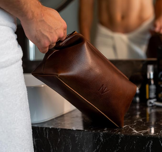 NV Holders Premium Genuine Leather Toiletry Bag for Men - The Ultimate Travel Dopp Kit and Hygiene Organizer, Perfect Men's Toiletry Travel Bag (Brown) - Image 5