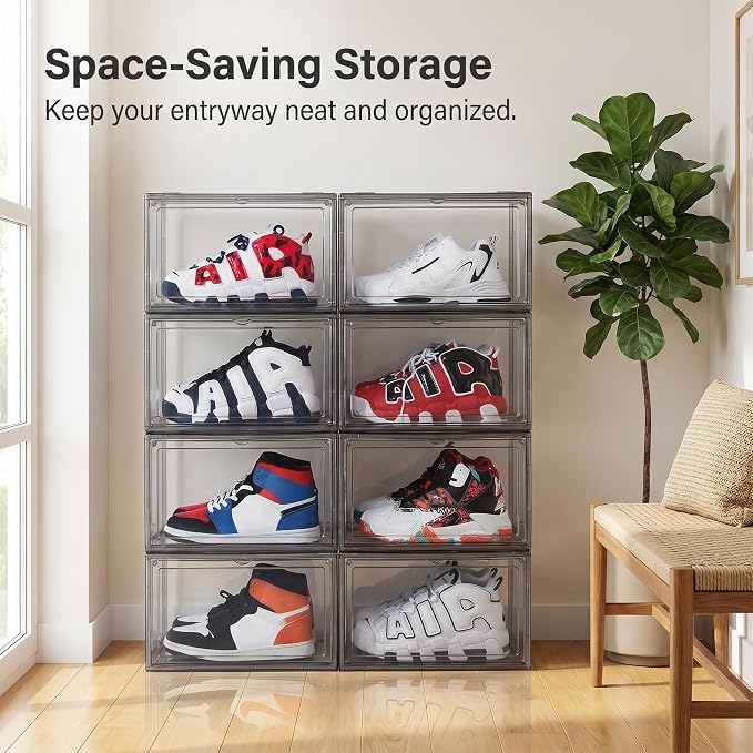 MMBABY 12 Pack Acrylic Shoe Boxes– Ultra Clear Plastic Stackable Sneaker Storage For Sneakerhead. Professional Grade Shoe Display Case with Magnetic Door.Fits US Size 15 (Grey-Side Open) - Image 8