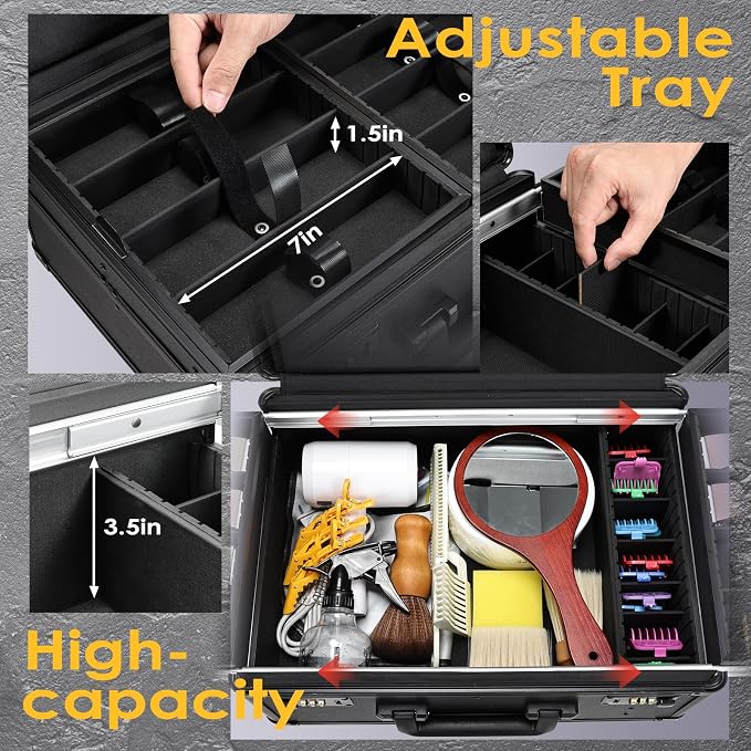 Yueieoun Barber Case with Clippers Sliding Tray, Profesional Barbers Briefcase Tool Case, Barber Cases for Clippers and Supplies, Hair Scissors Trimmer Organizer, Salon Grooming Hard Travel Suitcase - Image 3