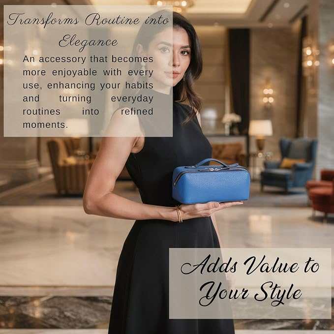 VENOULT Makeup Bag, Spacious Cosmetic Case for Women, Portable 180° Wide-Open Flat Cosmetic Bag, Travel Toiletry Organizer with Handle, Hanmdade, Full Grain Genuine Turkish Leather (Fun Blue) - Image 9