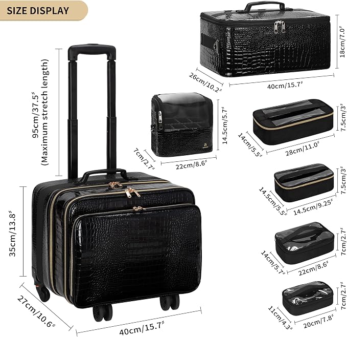 OCHEAL 18" Rolling Makeup Train Case Professional 2-in-1 Trolley Case | | Large Makeup Case, 6 Travel Cosmetic Bags, Pro Artists & Makeup Artists, Beauty Trolley Train Case - Image 7