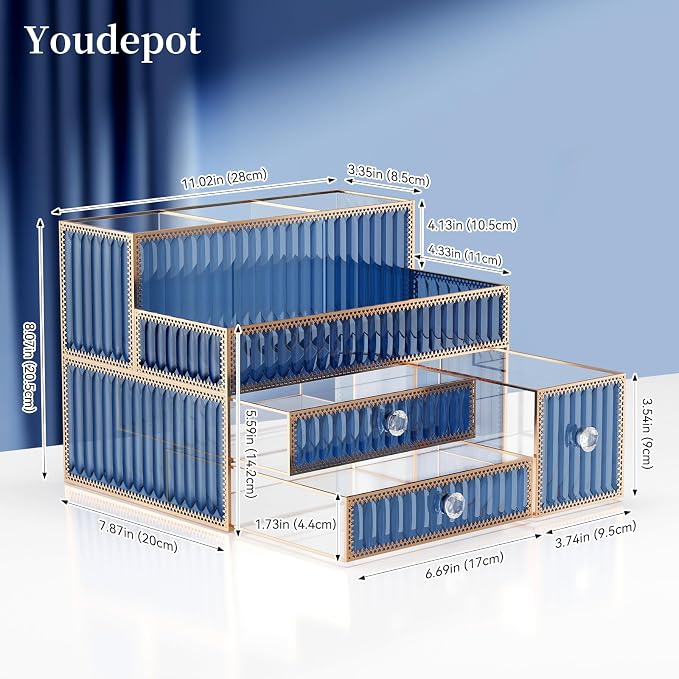 Youdepot Makeup Organizer Blue - Tempered Glass Vanity Organizer for Cosmetics, Skincare, Hair Tools, Brushes, Perfume - Multipurpose Bathroom Counter Skincare Organizer - Image 6
