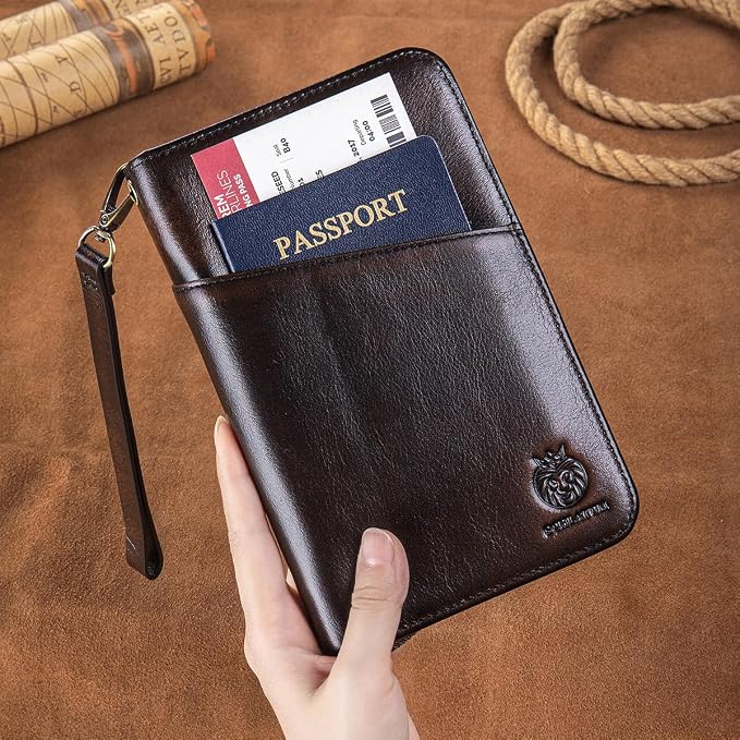 Passport Holder for Travel Family with Strap Genuine Leather RFID Blocking Travel Document Organizer Wallet with Pen Holder, Antiqued - Image 2