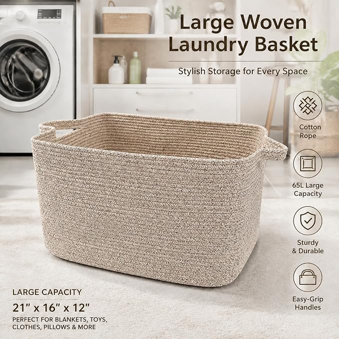65L Collapsible Woven Rope Laundry Basket with Handles,Brown | 21x16x12 Foldable Rectangular Blanket Basket for Toys, Clothes & Pillows,Ideal for Nursery, Bathroom, Bedroom, Living Room - Image 4