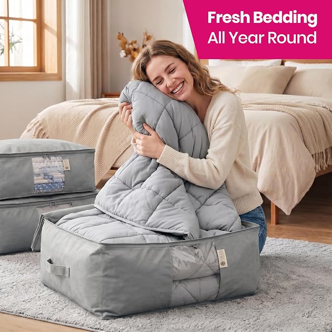 Cedar Storage Bag Organizer for Bedding Set - Protects from Moths, Moisture, Dirt & Dust - Set of 3 Storage Bags for Bed Sheets, Comforter, Pillows & More - Space-Saving Bedding Organizer, Gray - Image 2